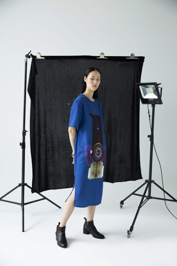 karmay | one & same | printed | dress | blue | sustainable fashion | green fashion | recycled rpet fashion | sustainable design