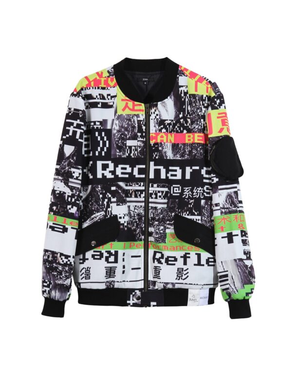 Juma | RECHARGE | PRINT 1 | BOMBER | JACKET | BLACK | sustainable fashion | green fashion | recycled rpet fashion | sustainable design