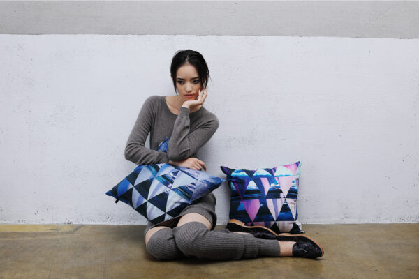 Juma | square | pillow | geomatric triangle | print | blue | sustainable fashion | green fashion | recycled rpet fashion | sustainable design