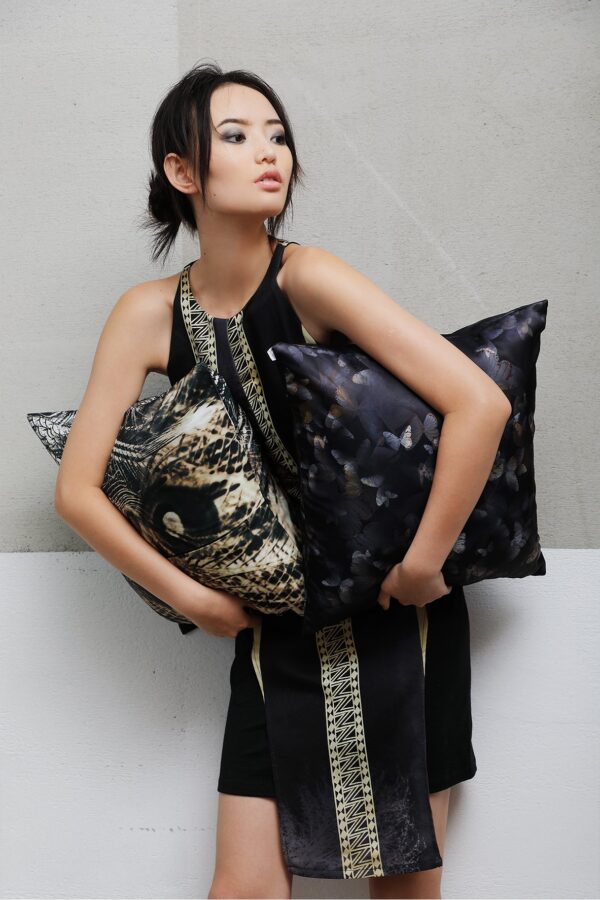 juma |Butterflies | print | pillow | black | sustainable fashion | green fashion | recycled rpet fashion | sustainable design