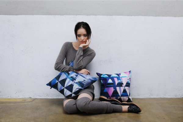 juma|Geometric|Triangles| print| pillow |blue| sustainable fashion | green fashion | recycled rpet fashion | sustainable design