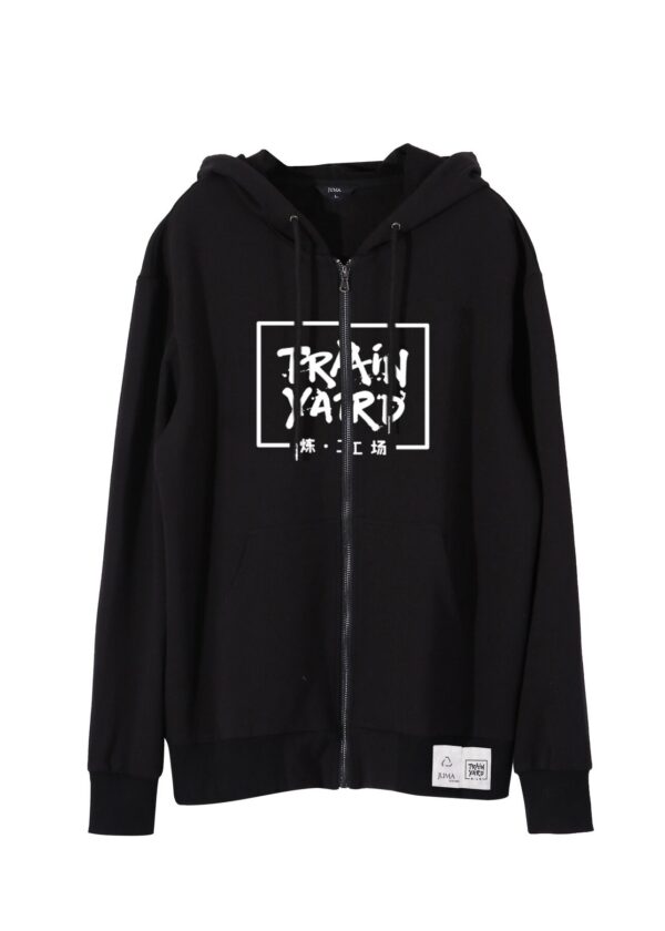 train yard | printed | hoodie | jacket | black | sustainable fashion | green fashion | recycled rpet fashion | sustainable design