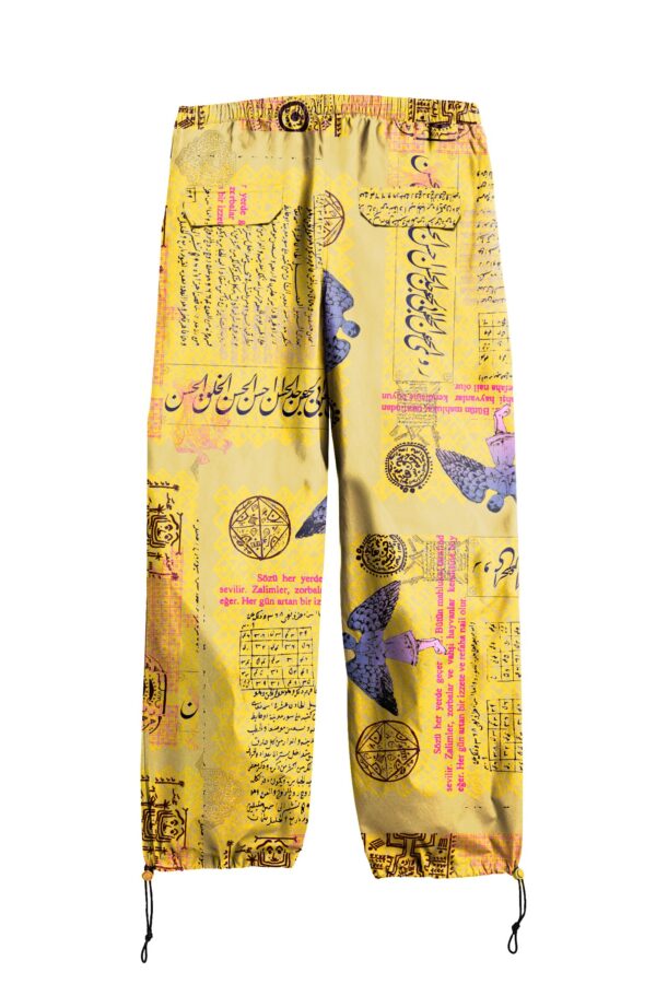 Yamza | printed | parachute pants | yellow | sustainable fashion | green fashion | recycled rpet fashion | sustainable design