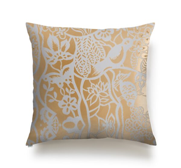 JUMA | Bird Print| Square Pillow | Gold |sustainable fashion| green fashion| recycled rpet fashion| sustainable design