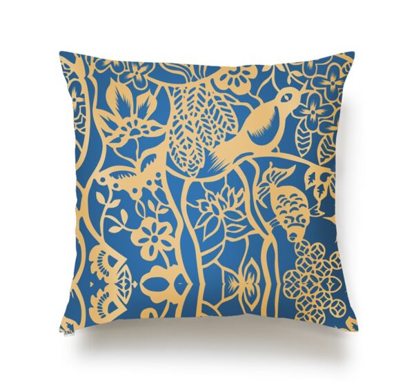 juma| Bird  | print | pillow |Electric Blue Gold| sustainable fashion | green fashion | recycled rpet fashion | sustainable design