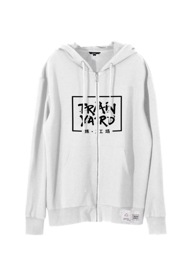train yard | printed | hoodie | white | sustainable fashion | green fashion | recycled rpet fashion | sustainable design