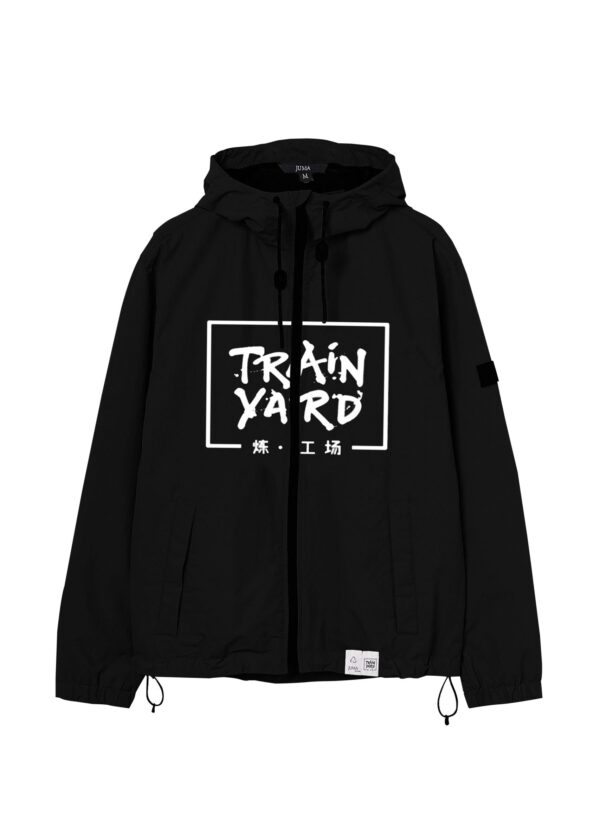 train yard | printed | windbreaker | jacket | black | sustainable fashion | green fashion | recycled rpet fashion | sustainable design