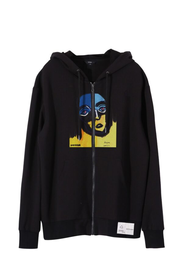 Reynard | print 1 | zip-up | hoodie | black | sustainable fashion | green fashion | recycled rpet fashion | sustainable design