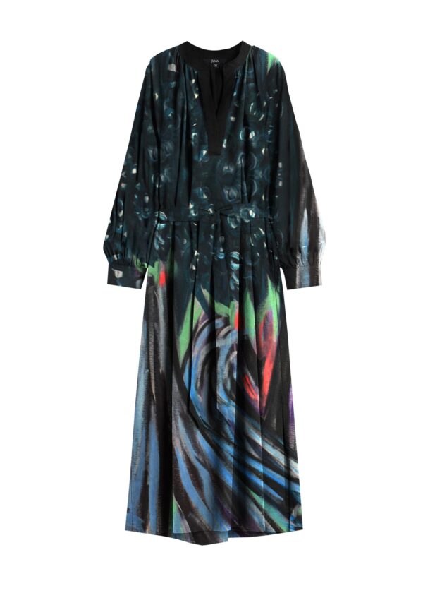 Juma | Nigel Nolan | long sleeve | dress | Floral pour Moonlight | printed | turquoise | sustainable fashion | green fashion | recycled rpet fashion | sustainable design