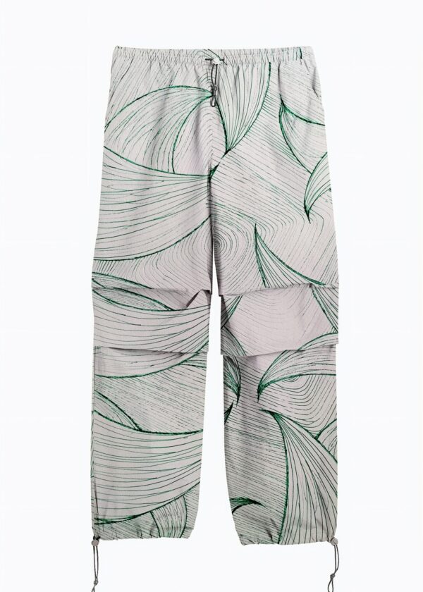 huan he | printed | parachute pants | green | sustainable fashion | green fashion | recycled rpet fashion | sustainable design