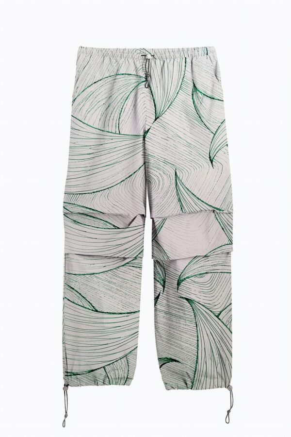 huan he | printed | parachute pants | green | sustainable fashion | green fashion | recycled rpet fashion | sustainable design