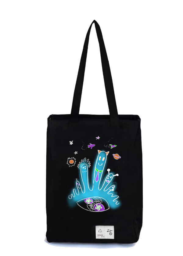 zb | fingers | print | tote | black | sustainable fashion | green fashion | recycled rpet fashion | sustainable design